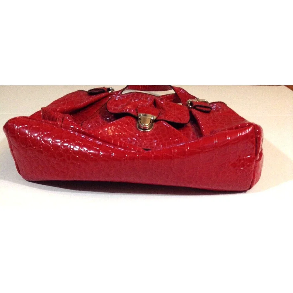 Bueno Tote Bucket Purse Large Red Glazed Bag Faux Croc Leather Travel Dbl Handle